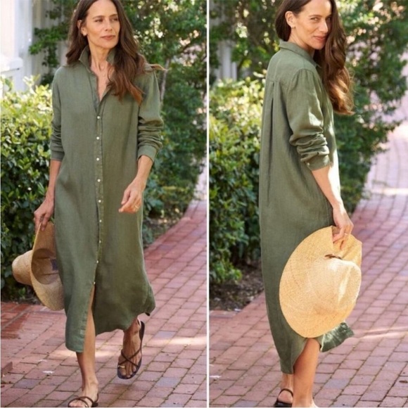 Frank & Eileen Rory Linen Maxi Shirt Dress Olive Green Long Sleeve Small EUC